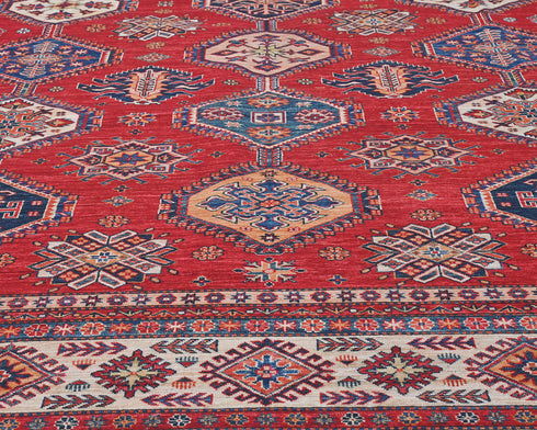 10x14 Red Kazak Afghan Hand Knotted Geometric Wool Area Rug